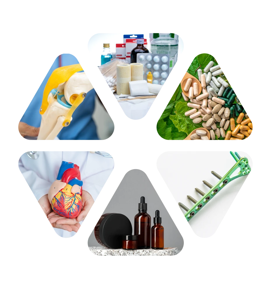 Collage of nutraceutical, orthopedic, cardiac, and pharmaceutical products